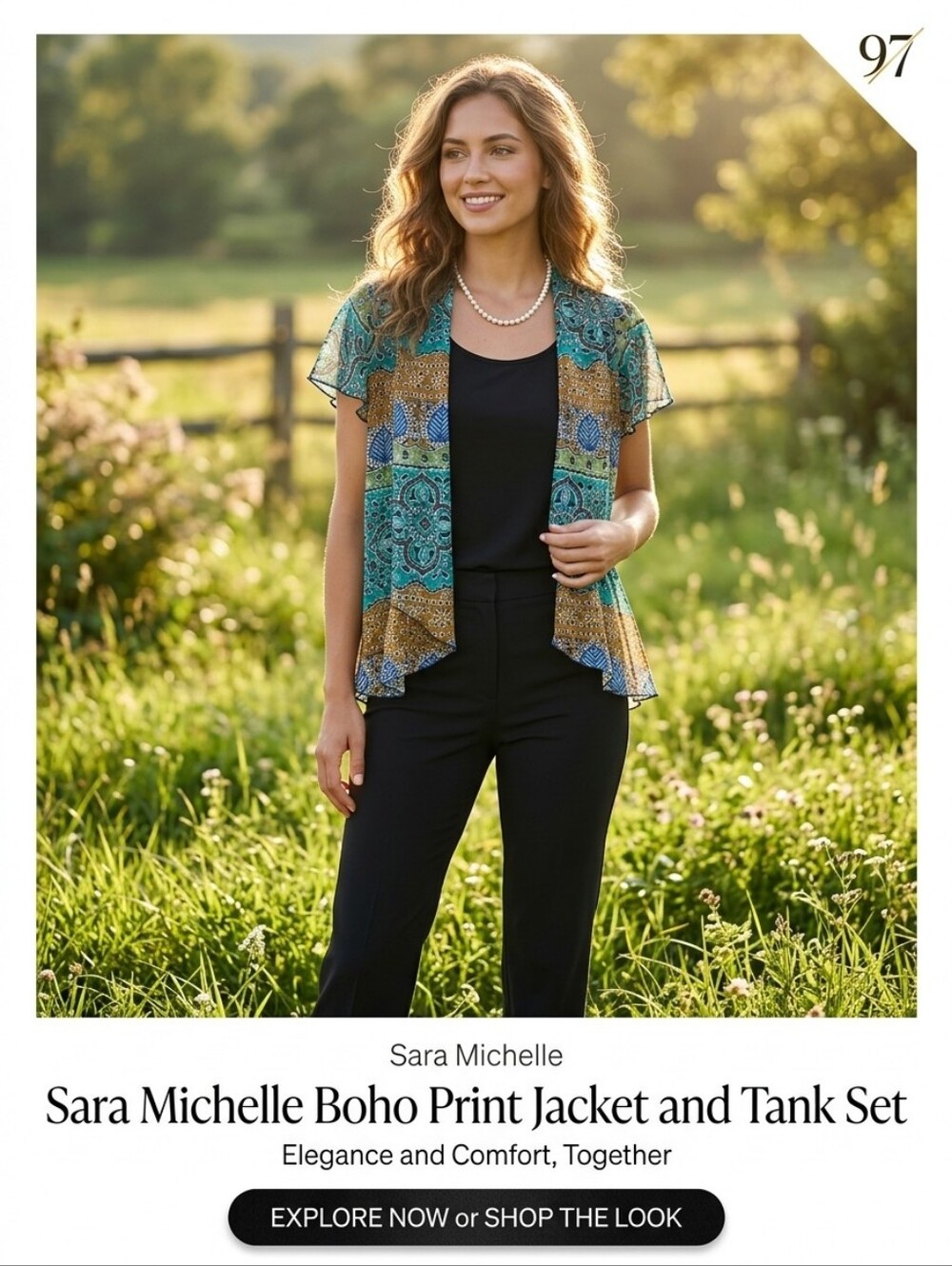 Sara Michelle Boho Print Jacket Over Tank Top. - Picture 2 of 9